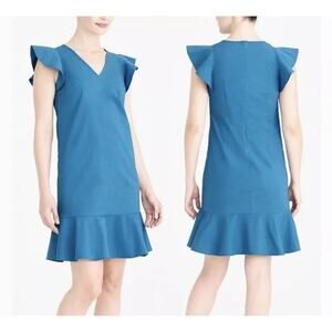 J. Crew Mercantile Teal Blue Flutter Sleeve Ruffle Hem Cotton Blend Shift Dress